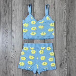 Lena Size S Floral Knit Retro Loungwear Cropped Top High Rise Short NEW Set 70s